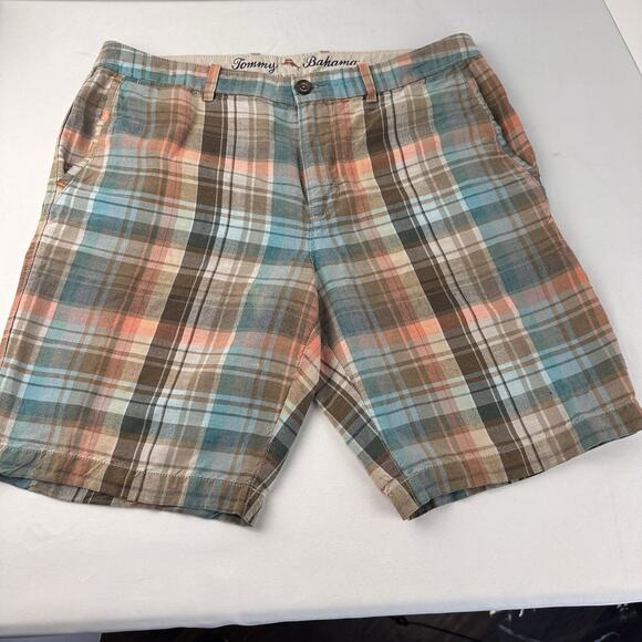 Tommy Bahama Men 34 Plaid Casual Shorts 55% Linen, 45% Lyocell Lightweight - Picture 1 of 12